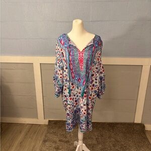 Colorful Bohemian Tunic Dress by Urban CoCo Blouse 34”Long SZ XXL w/Tassels